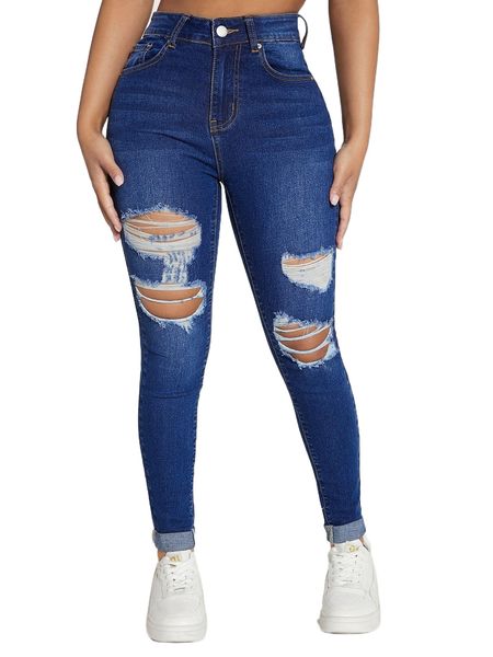 

petite high waist ripped cut out skinny jeans z01g#, Blue