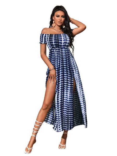 

sxy tie dye off shoulder split thigh dress o8tg#, Black;gray