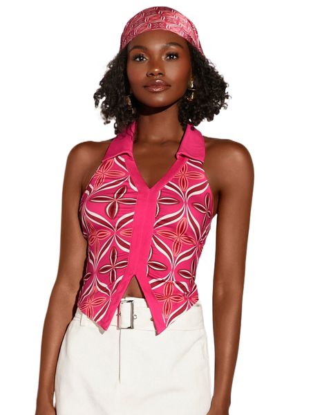 

allover print split hem halter p9q9#, White