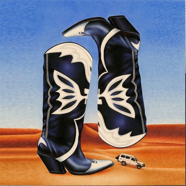 Cowboy Cowgirl kniehohe lange Stiefel, Schmetterling bestickt, schwarz, weiß, Fee, klobiger Absatz, Westernstiefel, Slip-on-Schuhe, Markendesign 220810