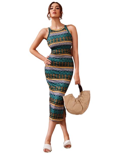 

split side geo print dress q4d3#, Black;gray