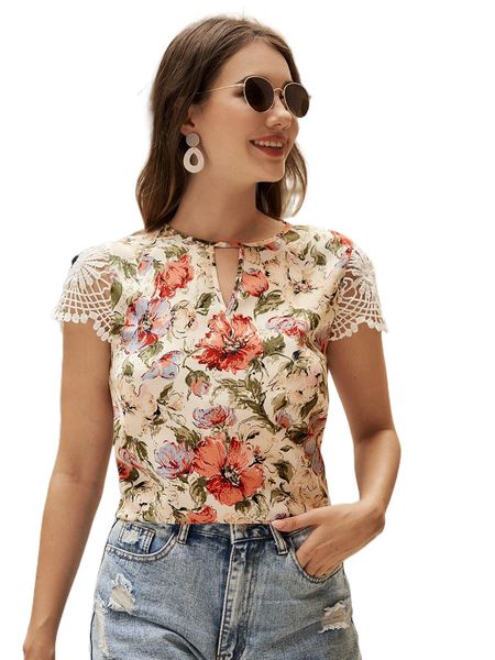 

keyhole neck guipure lace sleeve floral v5gv#, White