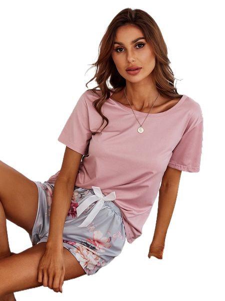 

floral print tie front pj set m5ye#, Black;red