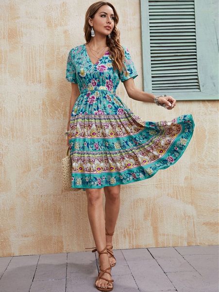 

floral print ruffle hem a-line dress b3jz#, Black;gray