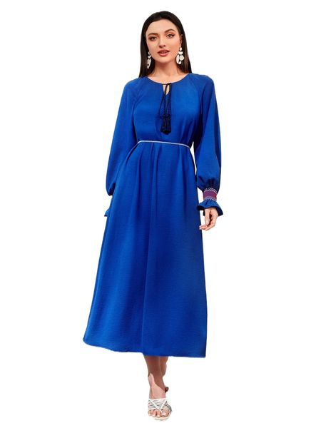 

tie neck flounce sleeve belted a-line dress 90rf#, Black;gray