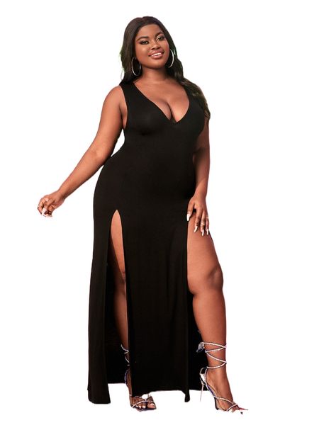 

plus solid split hem dress p1lg#, Black