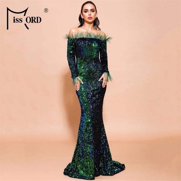 

missord 2020 women off shoulder feather long sleeve sequin floor length evening maxi reflective dress vestdios lj200818, Black;pink