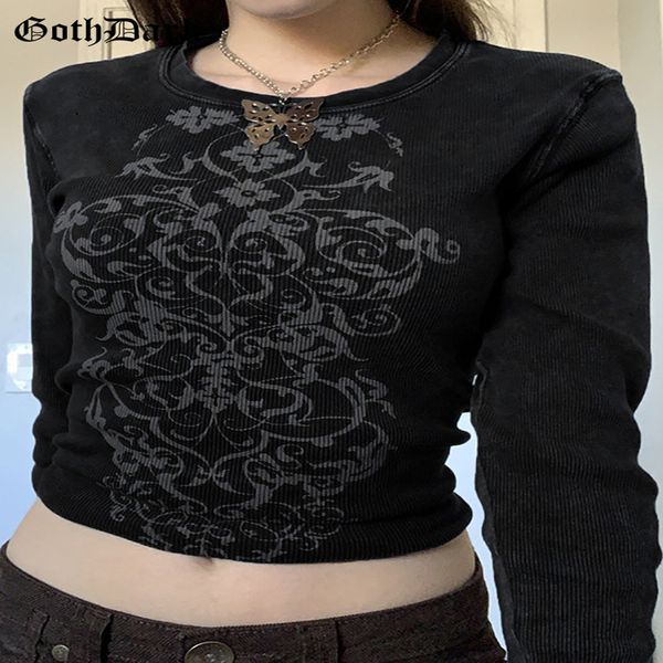 

goth dark casual gothic vintage printing women tshirts grunge egirl long sleeve punk cropped bodycon ribbed autumn tees 220805, White
