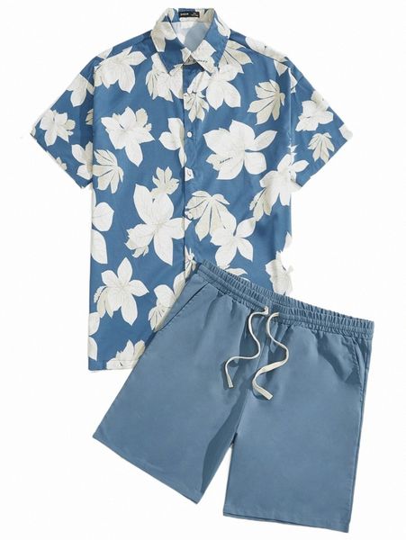 

men botanical print drop shoulder shirt & drawstring waist shorts d6me#, Gray