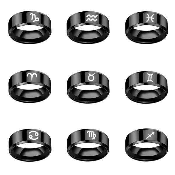 

12 constellations rings for wome man virgo cancer capricorn sagittarius leo pisces libra scorpio stainless steel black couple ring, Silver