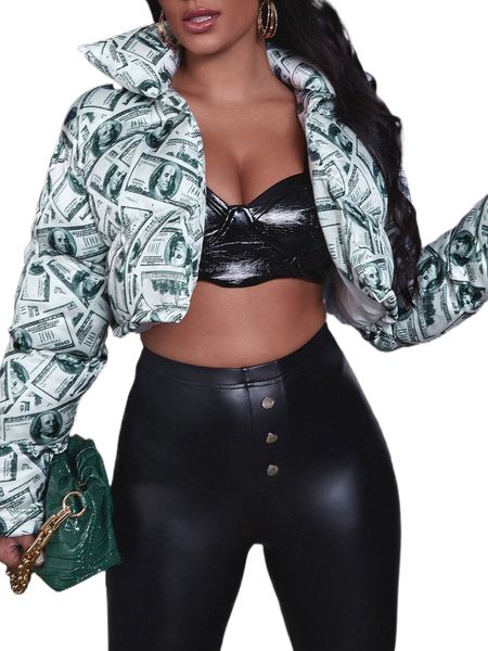 

dollar print open front crop puffer jacket 38pj#, Black
