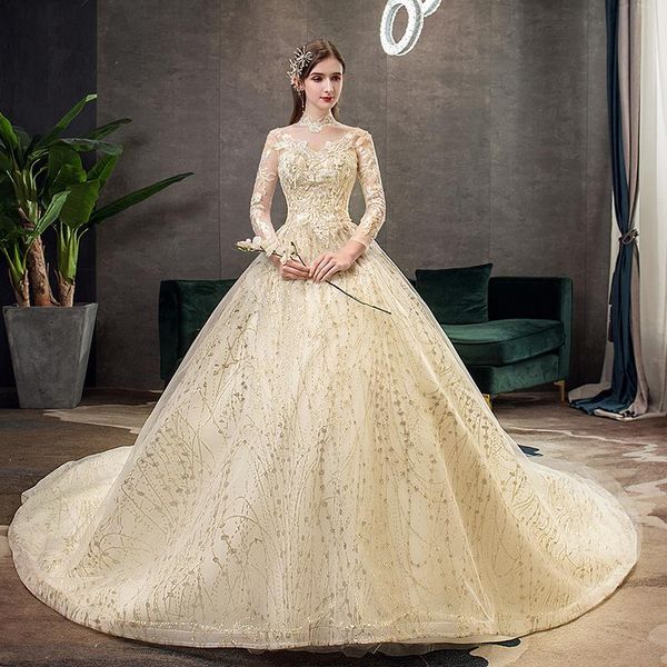 Altri abiti da sposa Abito musulmano in pizzo dorato con strascico grande 2022 Abito a maniche lunghe con collo alto Abito da sposa vintage X