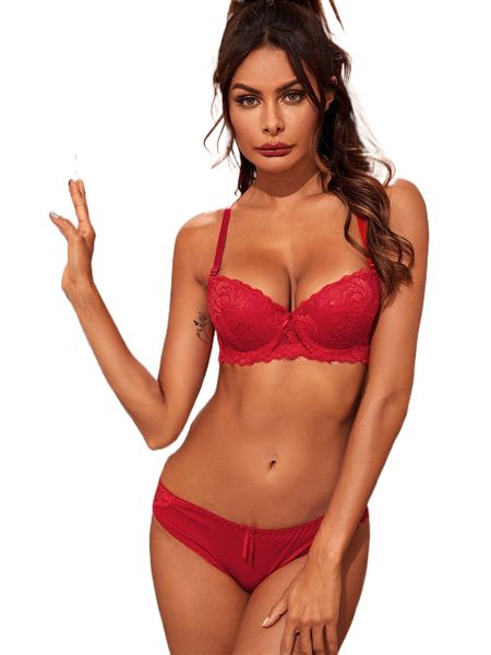 

floral lace underwire lingerie set q9ei#, Black;red