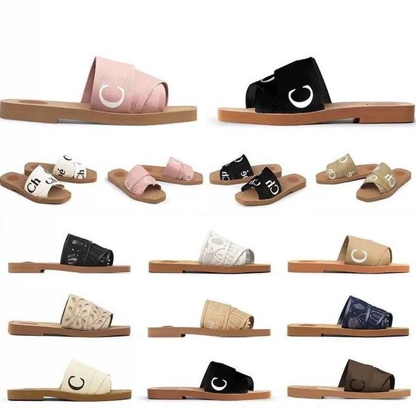 

designer fashion women slides woody flat mule canvas slippers white black navy red beige scuffs summer beach shoes luxurys platform rubber b