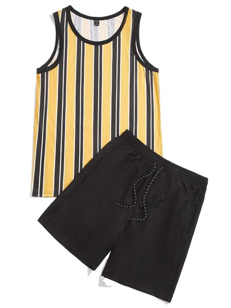 

men striped tank & drawstring waist shorts x2at#, Gray
