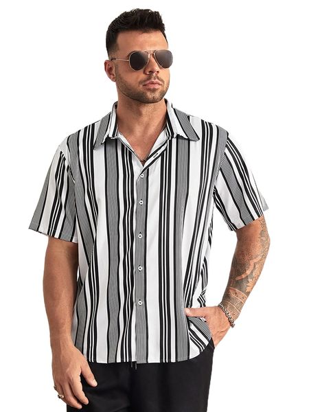 

extended sizes men striped button front shirt o0cd#, White;black