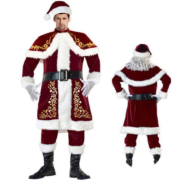 

m-6xl christmas santa claus come cosplay santa claus clothes fancy dress in christmas men 7pcs/lot come suit for adults l220714, Black;red