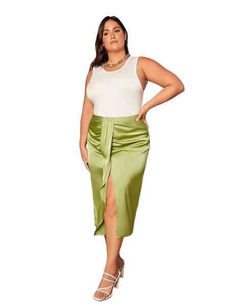 

plus solid split thigh skirt t4dj#, Black