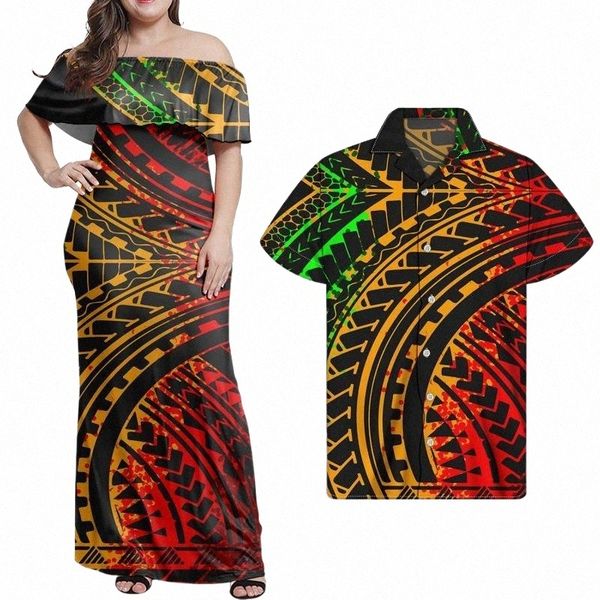 

plus size dresses hycool drop polynesian clothing women off shoulder dress match men shirts tribal striped print couple outfits c1s8#, Black