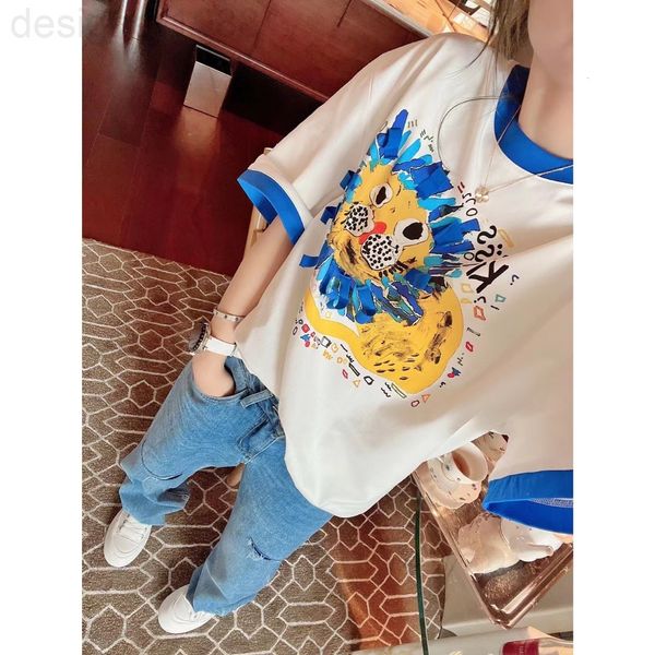 

women's t-shirt designer 22ss spring and summer new little lion blue edge white short sleeve t-shirt 5oei