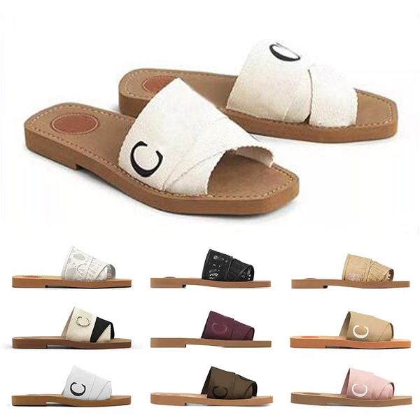 

2022 women designer slippers slides sandals woody mules flat canvas rubber white black pink sail bordeaux lace lettering fabric womens summe