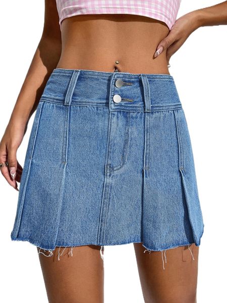 

frayed hem pleated denim skirt n0xc#, Black