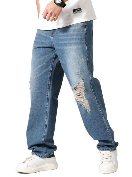

men ripped straight leg jeans y77e#, Blue