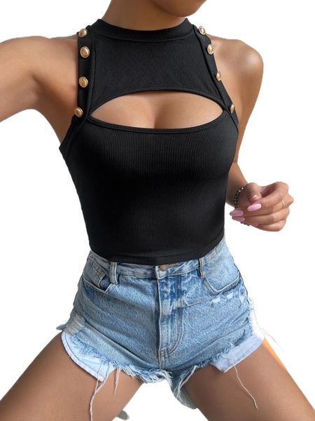 

button detail cut out front rib knit tank l1wf#, White