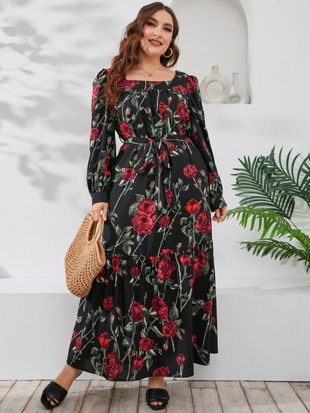 

plus rose print bishop sleeve square neck ruffle hem belted dress l58l#, Black