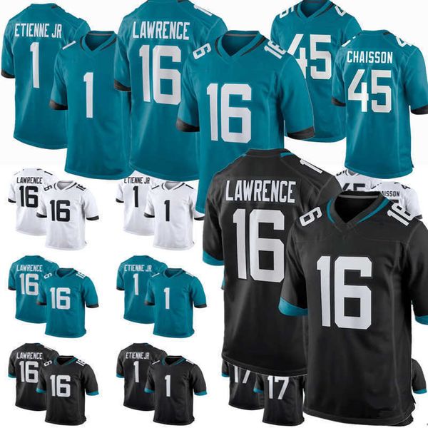 

16 trevor lawrence jersey jacksonville''jaguars''men women youth 1 travis etienne 17 d.j. chark jr 45 k'lavon chais, Black