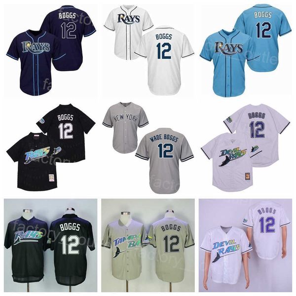 

men vintage baseball 12 wade boggs retro jersey throwback all stitched cool base team navy blue black grey white color flexbase pullover for