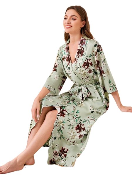 

floral print scallop trim belted sleep robe i33j#, Black;red