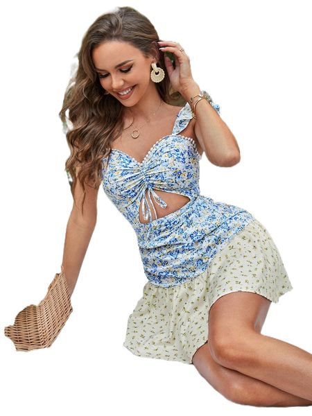 

d.itsy f.loral c.ut o.ut front r.uffle h.em d.ress x97z#, Black;gray