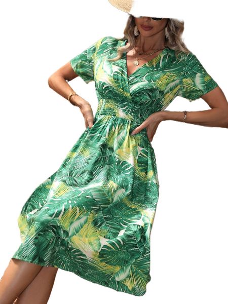 

tropical print shirred a-line dress b8lx#, Black;gray