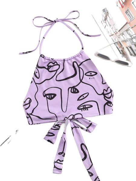 

figure graphic tied backless halter g3r1#, White