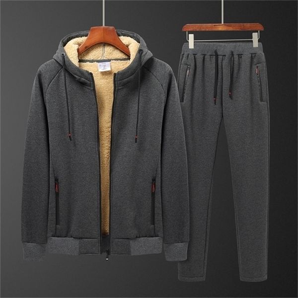 

lamb men set warm thick hooded jacketpants 2pc sets men cashmere hoodies zipper tracksuit man sports suit plus size 6xl 201210, Gray