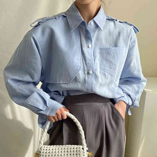 

women's blouses & shirts [ewq] korea chic autumn casual trend women solid color lapel single-breasted fashion simple long-sleeved shirt, White