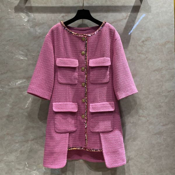 

602 2022 spring summer flora print dress crew neck short sleeve tweed coat dress panelld dress luxury fashion prom womens clothes qianbai, Black