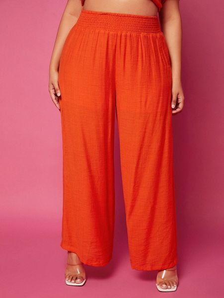 

plus shirred waist wide leg pants 02ym#, Black