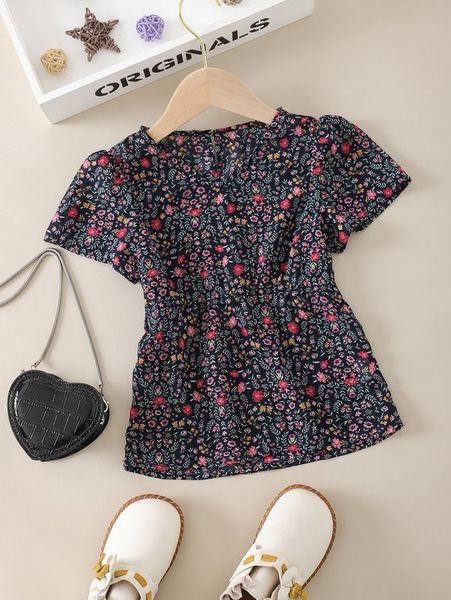 

little girl's broken flower bubble sleeve shirt she, White;black