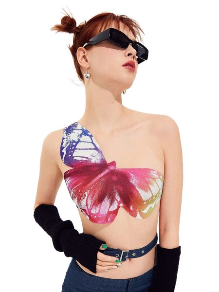 

butterfly print one shoulder crop l3ii#, White