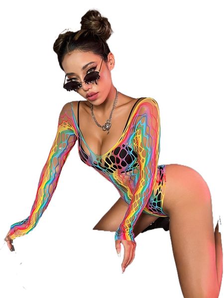 

rainbow striped cut out mesh teddy bodysuit without lingerie 30kl#, Black;red