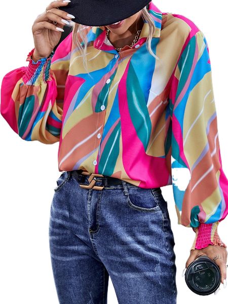 

colorblock bishop sleeve shirred cuff shirt w3p4#, White