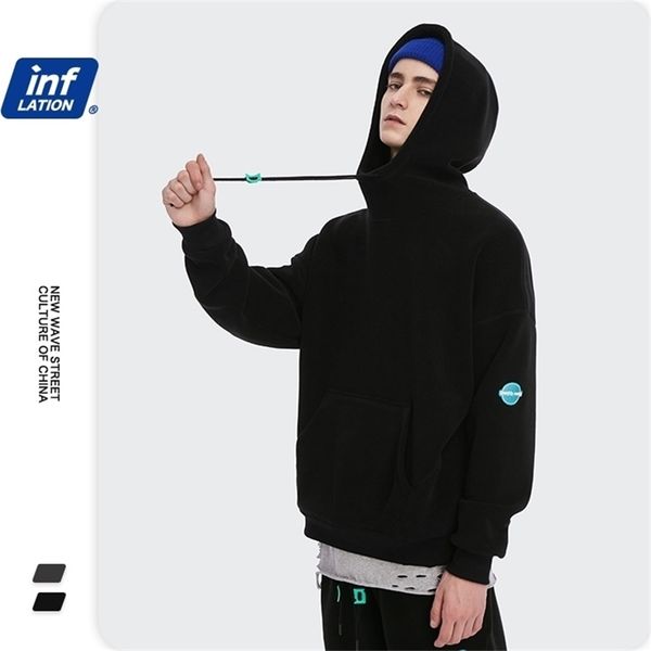 

inflation men high collar hoodie winter warm polar fleece hoodie couple solid color oversized hip hop hoodie men streetwear 1319 201126, Black