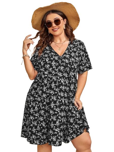 

plus ditsy floral print smock dress 88nc#, Black
