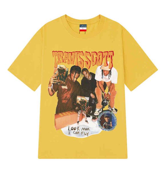 

travis designer palms t shirt high street hip hop singer portrait printed loose round neck trend oversized vintage white plain angles pp tsh, White;black