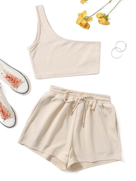 

plus solid one shoulder crop & track shorts s3cc#, Black