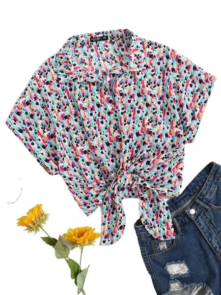 

plus allover print batwing sleeve shirt p9nw#, Black