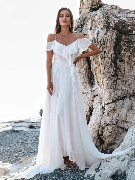 Abito da sposa vintage con volant in chiffon bianco Abiti da sposa lunghi estivi Boho 2022 Con spalle scoperte Abiti da sposa formali Robe De Mariée con schiena aperta