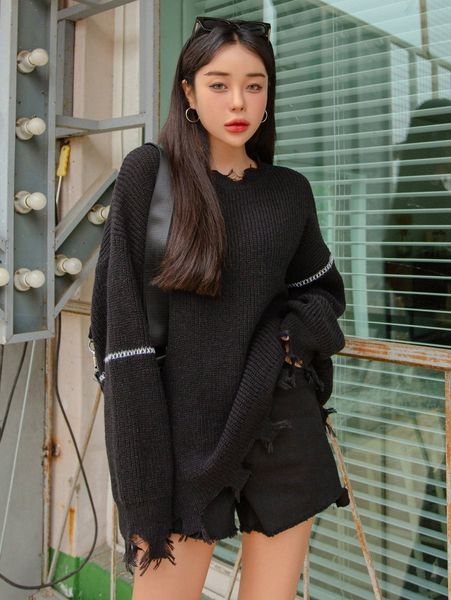 

dazy drop shoulder oversized distressed sweater 5437#, White;black